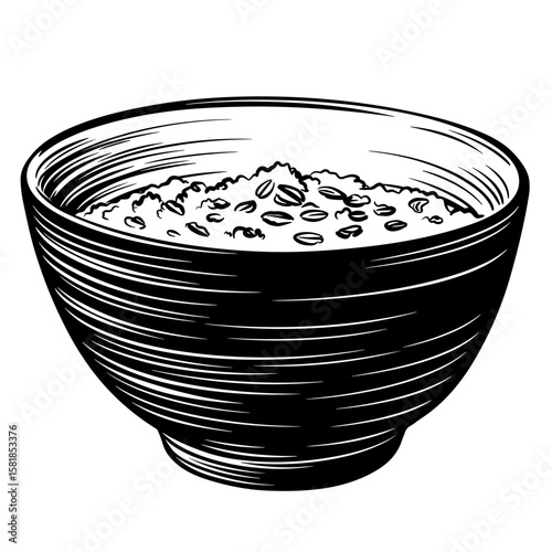 Oatmeal bowl filled with oats in a black and white illustration  