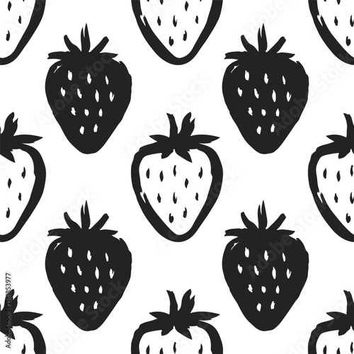 Strawberries seamless pattern of hand-drawn black berry shapes white background. Modern brushstroke fruit texture. Fabric, nature food, endless print illustration.