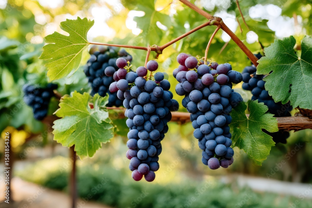 Ripe bunches of red grapes hanging from vine in vineyard Ripe bunches of red grapes hanging from vine in vineyard