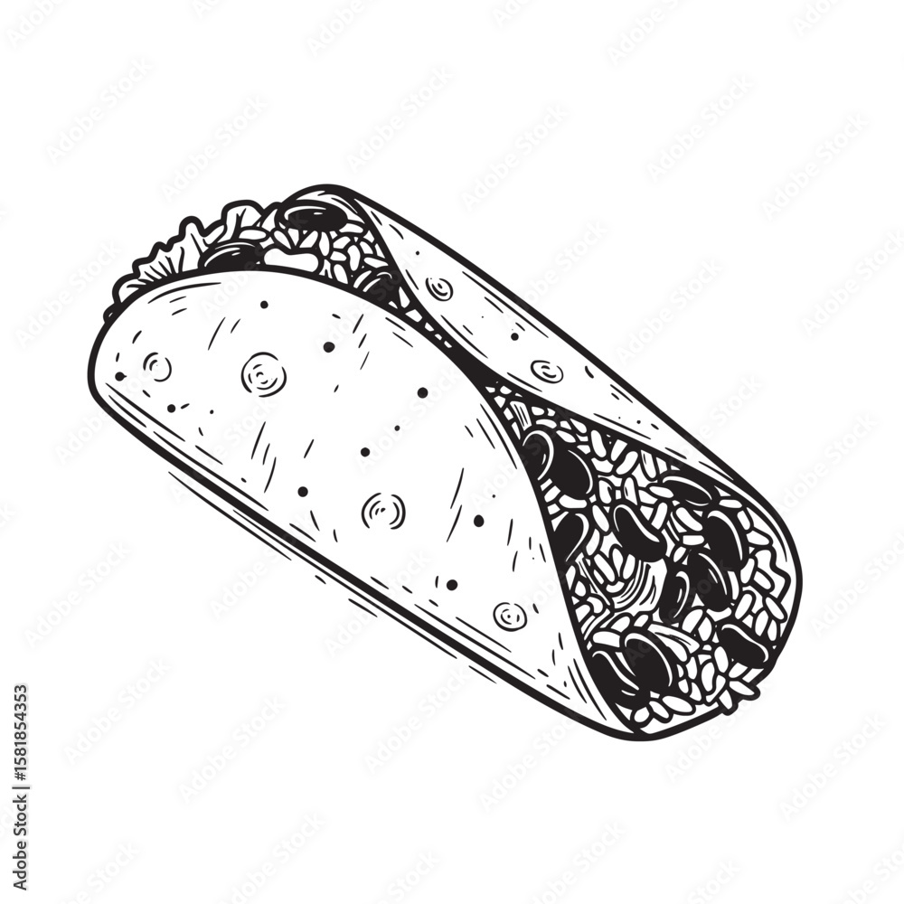 Black and white sketch of a filled burrito food mexican food Black and white sketch of a filled burrito food mexican food