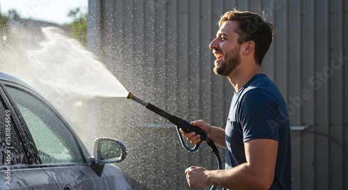 Man Washing Car with High Pressure Water Spray in Outdoor Sunlight