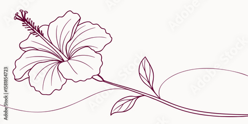 Single-line vector illustration of a hibiscus flower. Minimalist rose mallow continuous outline artwork dark red backview.