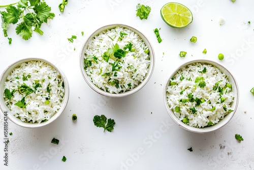Three small white bowls of rice topped with fresh herbs and a lime