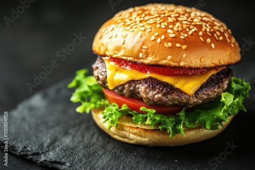 Close-up of a single cheeseburger on a dark slate plate