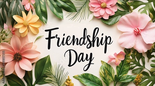Greeting card design with  Friendship Day in elegant script surrounded by flowers and leaves.