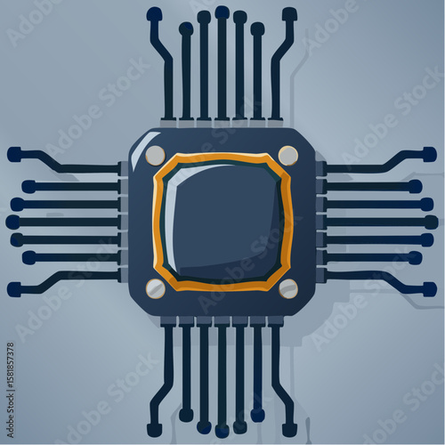 Minimalist vector illustration of a microchip with abstract circuit lines extending outward on a white background. Clean, modern design representing digital technology and innovation.