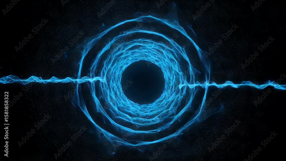 A deep, blue tunnel of energy pulses against a star-dusted background, creating a celestial scene