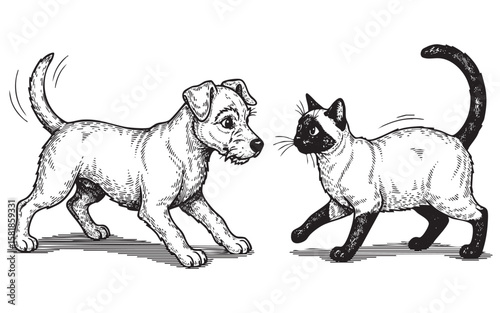 Playful Dog and Cat Friends Hand Drawn Sketch Illustration