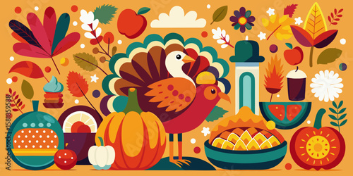 Festive Thanksgiving Illustration with Turkeys Pumpkins and Fall Foliage in a Modern Graphic Style for Holiday Celebrations