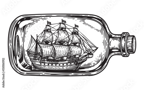  Ship in a Bottle Vintage Hand Drawn Engraving Illustration