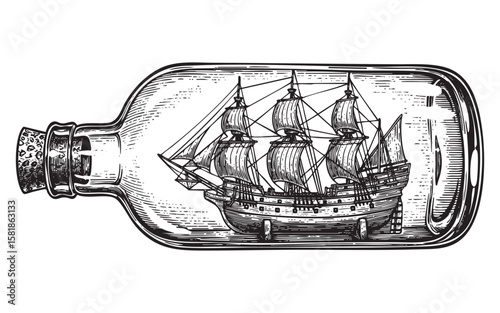  Ship in a Bottle Vintage Hand Drawn Engraving Illustration