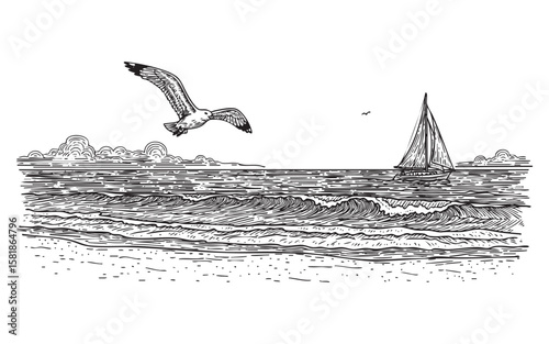 Seagull Flying Over the Ocean with Sailboat Vintage Engraving