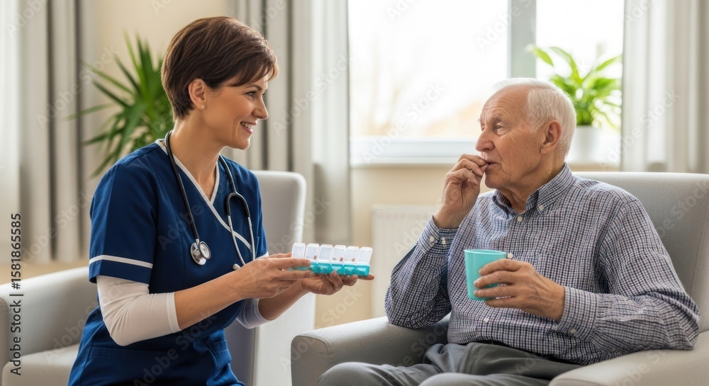 Fototapeta premium A nurse assisting an elderly man with medication in a retirement home.