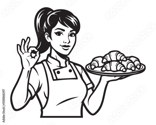 Female Chef with Croissants Mascot Vector Logo

