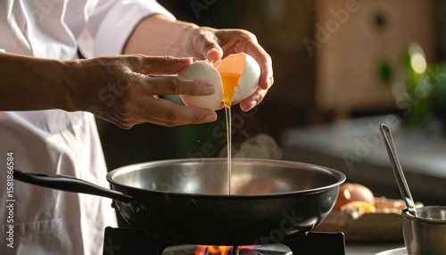 HD side-angle photo of a soft-boiled egg being cracked and poured into a pan for making telur ceplok, natural backlight highlighting the translucent whites
