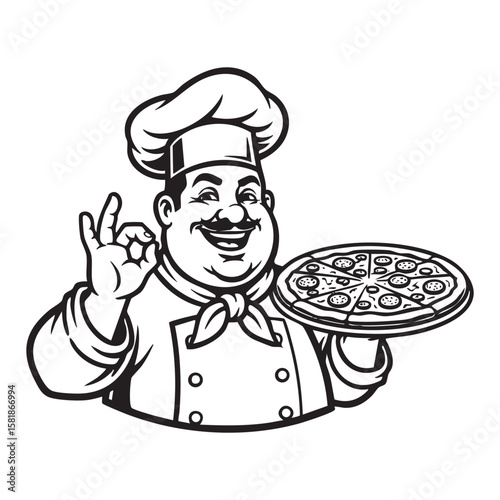 Cheerful Chef with Pizza Mascot Vector Logo

