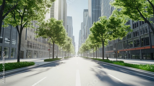 Urban street lined with trees, sunny day