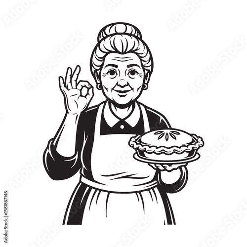 eldery Grandmother Holding a Pie Mascot Vector Illustration