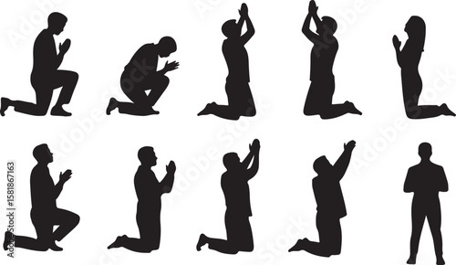 Praying Silhouette Vector Illustration Art Kneeling with Hands Raised