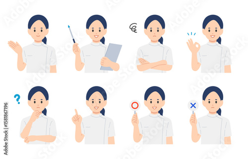 いろいろな表情･ポーズをする女性医師･看護師･技師のセット【人物ベクターイラスト素材】