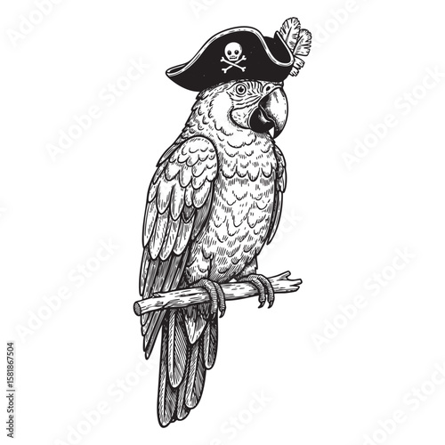 Pirate Parrot with Skull Hat Vintage Sketch Illustration

