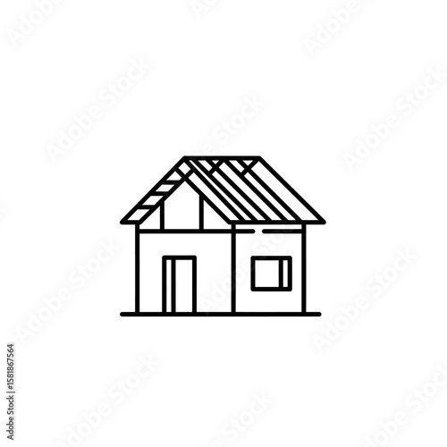 An outline illustration of a house with its roof structure exposed, perfect for conveying concepts of home construction, real estate development, or property growth.