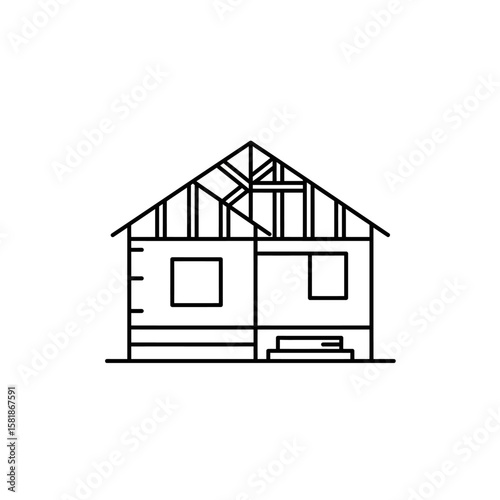 A clean line art illustration depicts a house under construction, showcasing both finished walls and exposed roof framing, symbolizing home building or renovation projects.