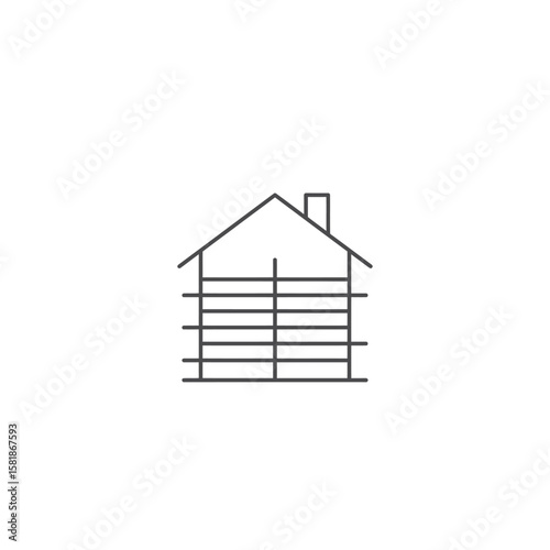 Simple grey outline icon of a house with a roof and chimney, representing concepts of home, property, or construction on a white background.