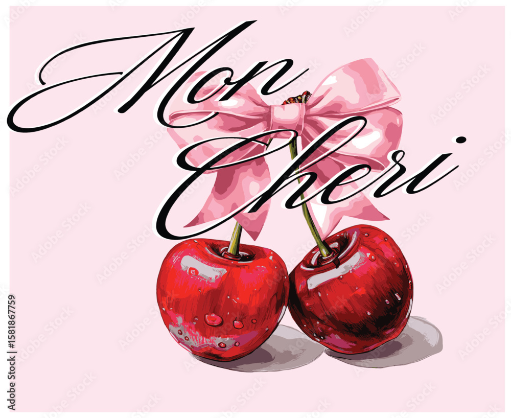 Cherry Cherries bow mon cherie French romantic  Script Slogan Graphic Tee t-shirt logo artwork typography tote badge emblem crest Fashion trendy Europe  euro summer clothing slogan design