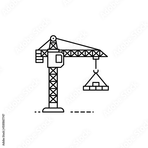 A minimalist line drawing depicts a construction crane lifting a load of bricks, set against a clean white background, ideal for illustrating building and development concepts.