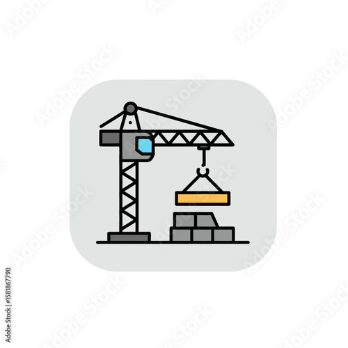 A modern flat design illustration of a construction crane lifting building materials at a development site.