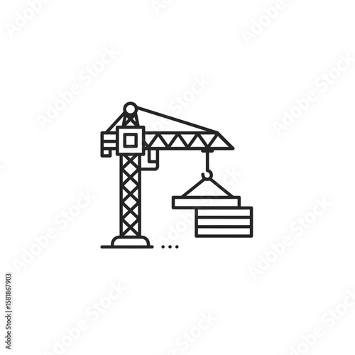 A line drawing illustrates a construction crane lifting a stack of materials, symbolizing building, industry, and development against a clean white background.
