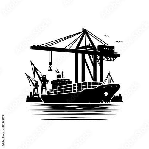 silhouette of Cargo ship and port crane