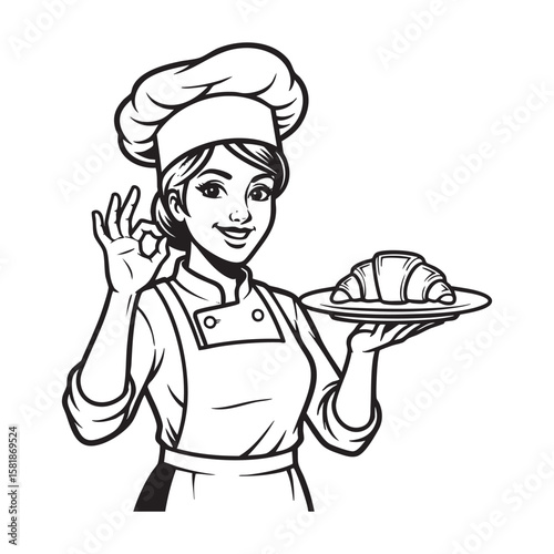 Female Chef with Croissants Mascot Vector Logo

