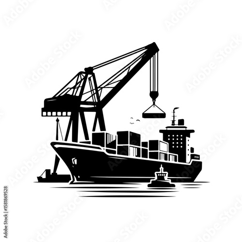 silhouette of Cargo ship and port crane