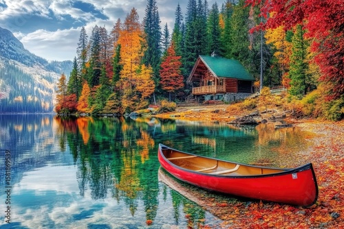 Serene autumn lake scene with cabin
