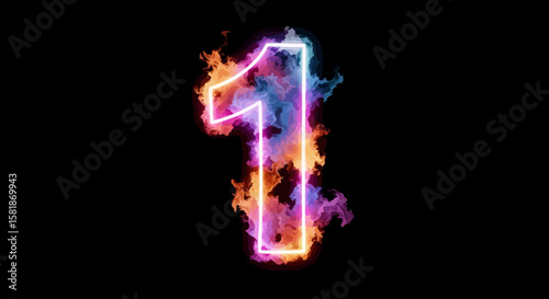 Number One with Glowing Neon Outline and Colorful Smoke Effects