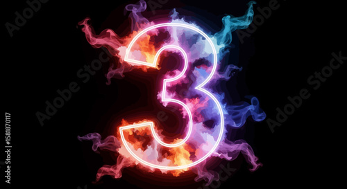 Glowing Number Three with Colorful Smoke Effect on Black Background