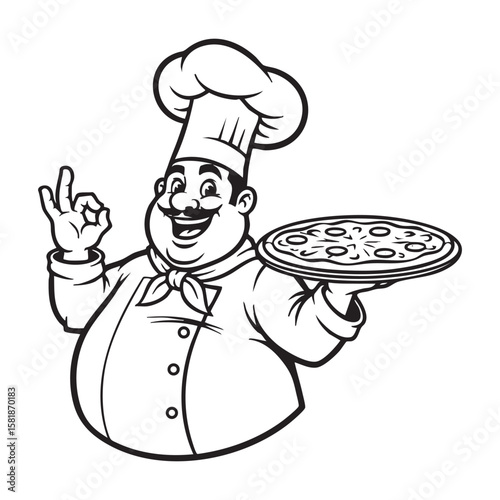 Cheerful Chef with Pizza Mascot Vector Logo

