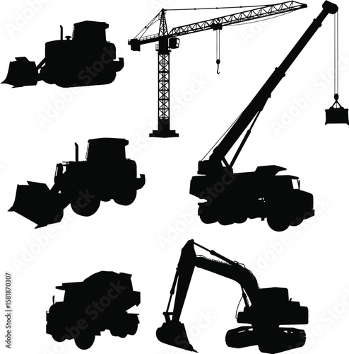 Silhouette truck crain escavetor vehicle