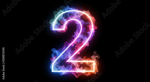 Glowing Number Two with Colorful Smoke Effect on Black Background