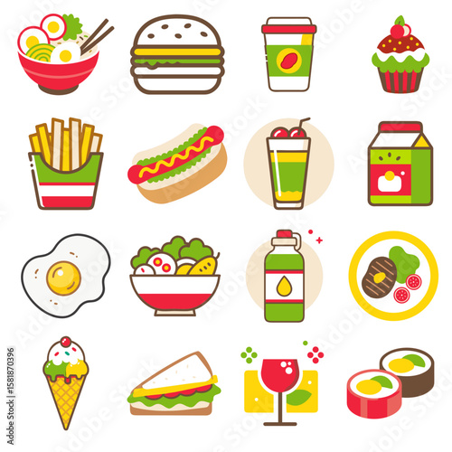 Collection of colorful food icons with a burger. Perfect for menu design, restaurant websites, and culinary social media posts.