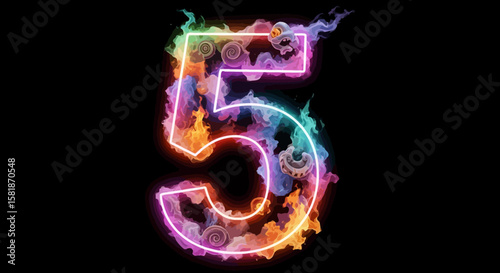 Number Five Forming with Colorful Flame on Black Background