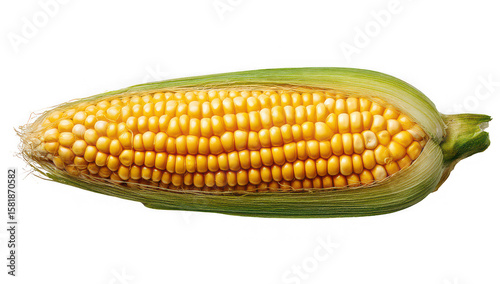 An ear of corn, with a vibrant yellow cob and green husks, isolated on black