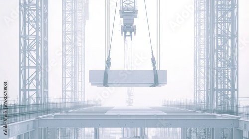 Construction crane lifting a concrete slab in a foggy environment