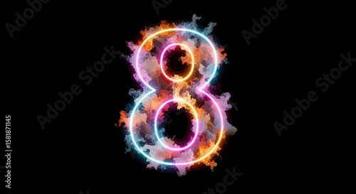 Number Eight with Colorful Neon Glow and Smoke Effect on Black