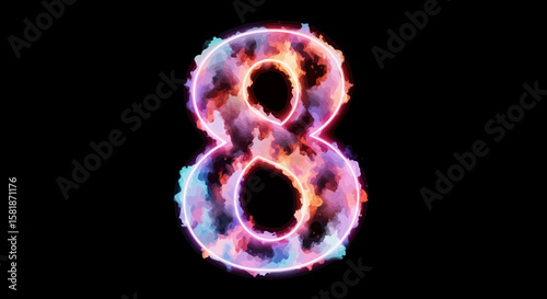 Number Eight with Colorful Smoke and Neon Outline on Black Background