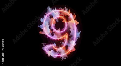 Glowing Number Nine with Cloud Effect on Black Background