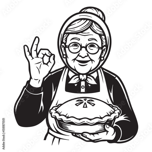 eldery Grandmother Holding a Pie Mascot Vector Illustration