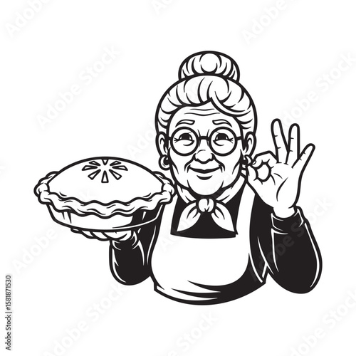 eldery Grandmother Holding a Pie Mascot Vector Illustration